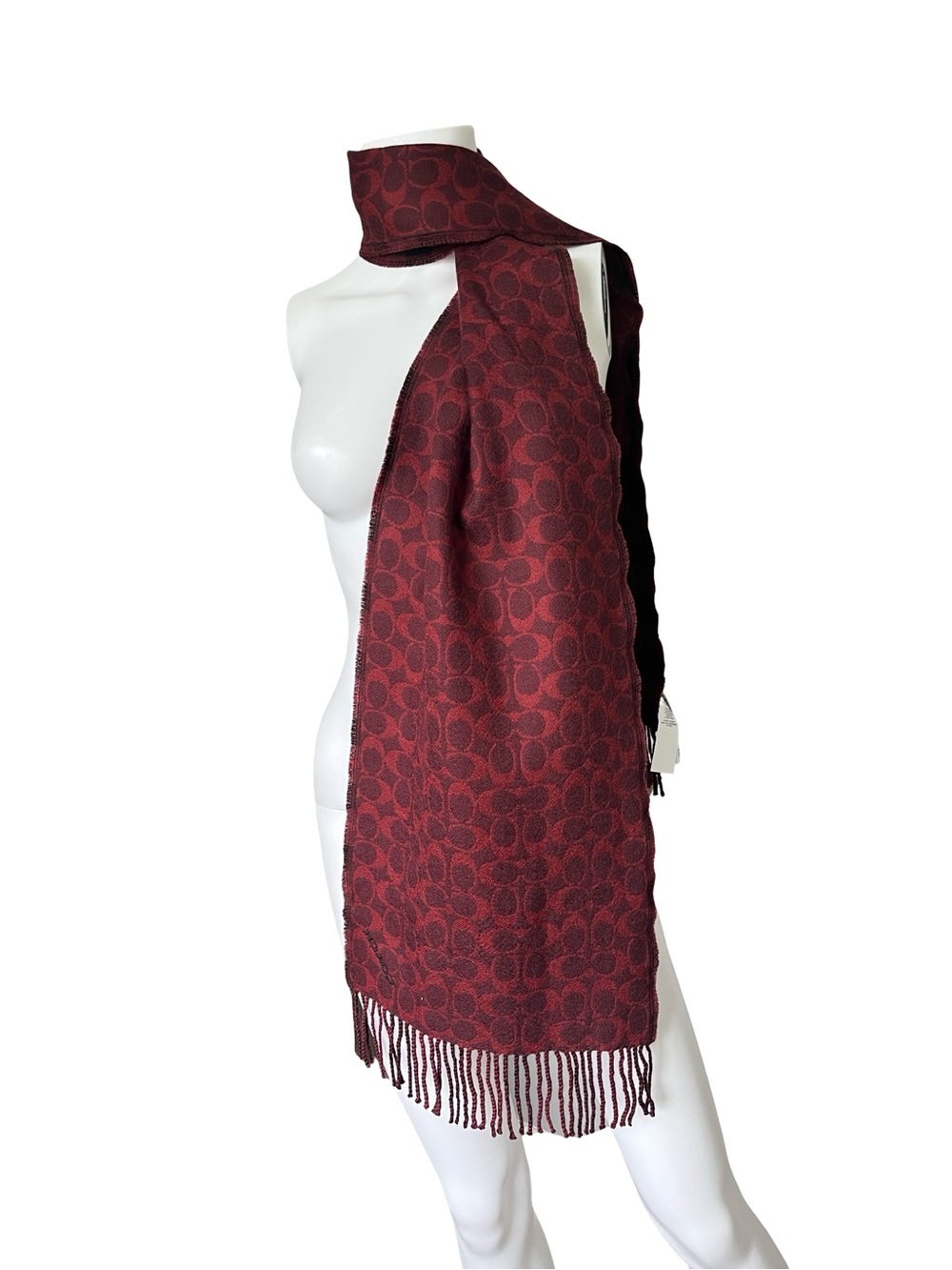 NEW Coach Scarf Reversible Signature Plaid Monogram Wool Fringe Oxblood
